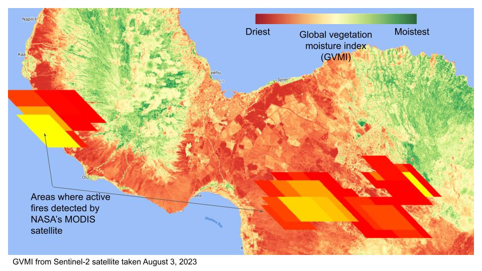 False color GVMI image overlaid with MODIS fire detections